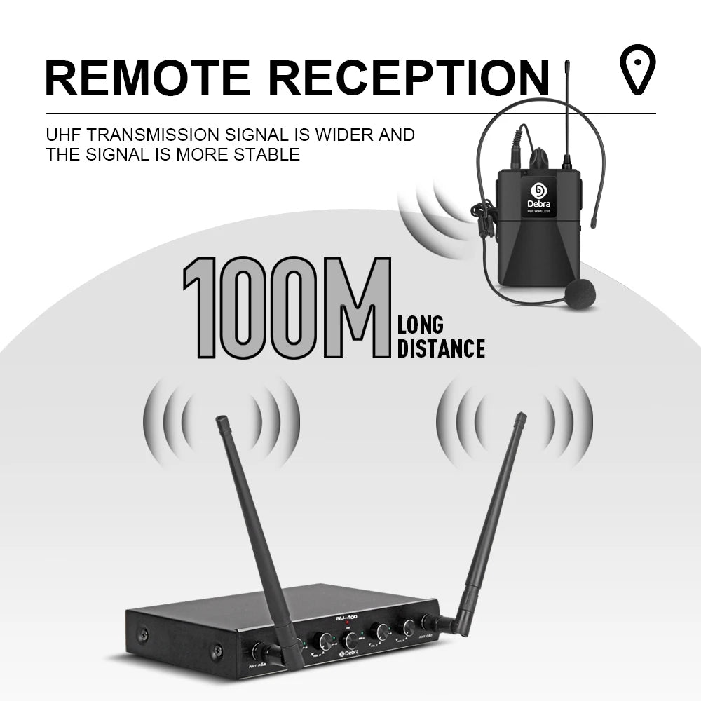 Pro UHF 4 Channels Wireless Microphone System with 4 Bodypack Lavalier Headset Portable Mic for Karaoke Church Party