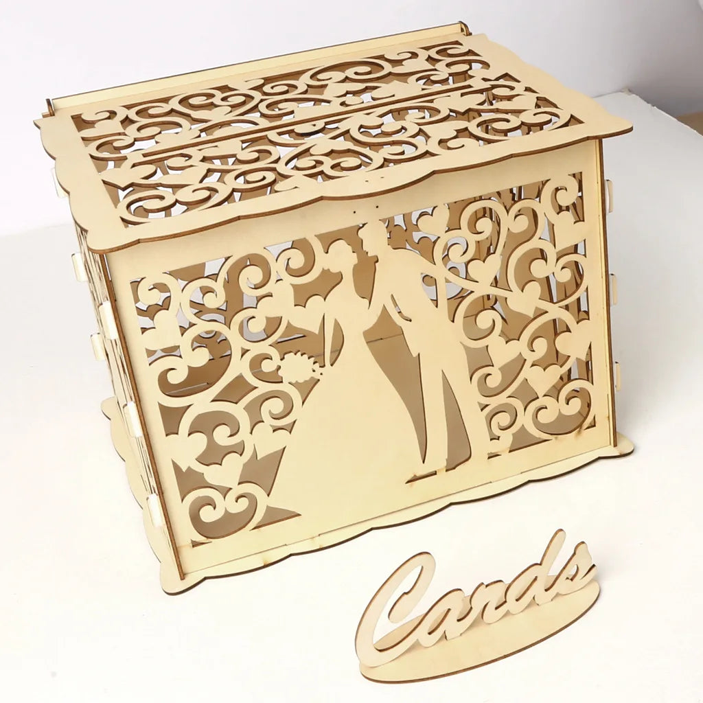DIY Wedding Card Box Wooden Couple Money Boxes with Lock Hollow Floral Pattern Wedding Decor Gift Envelope Birthday Supplies