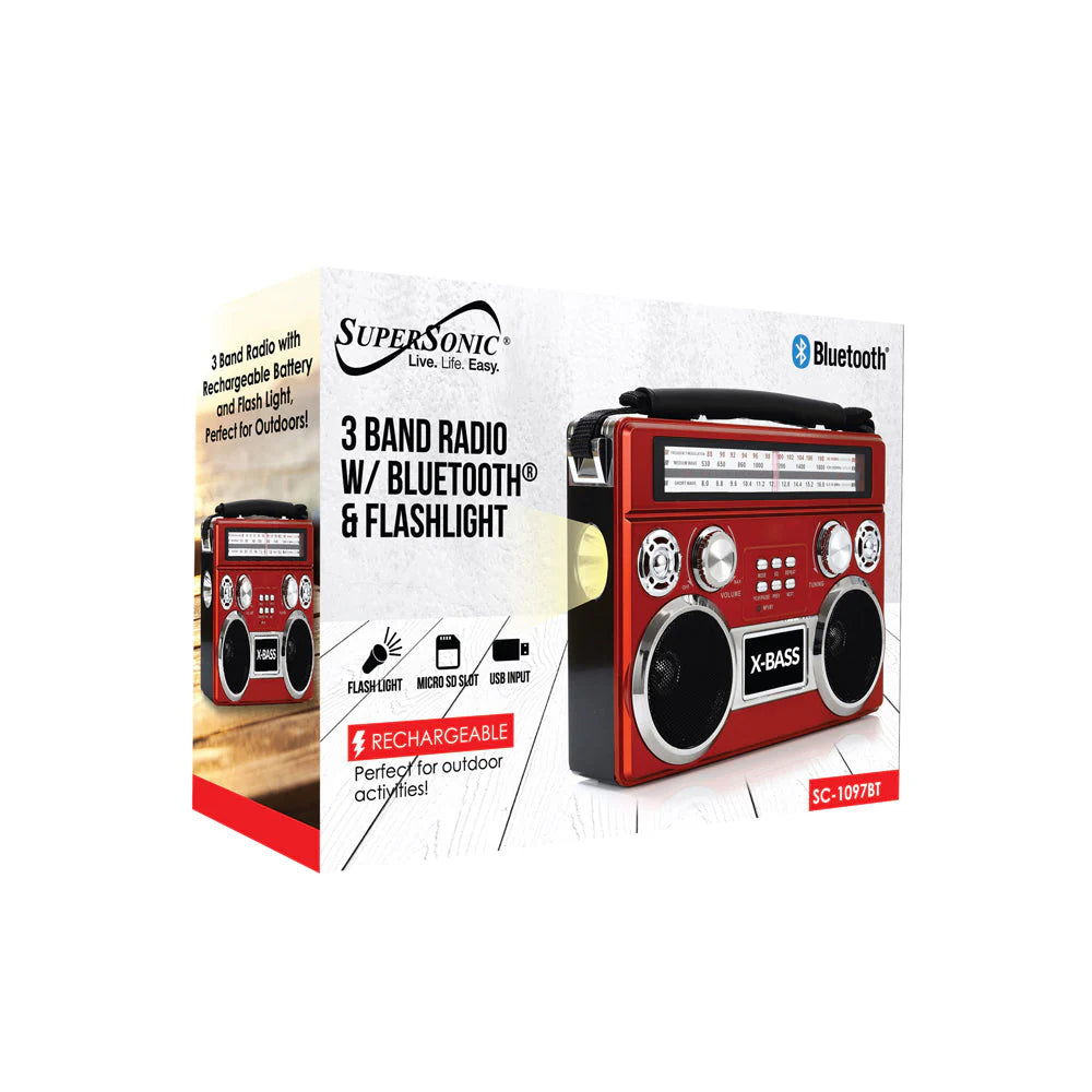 Supersonic Portable 3 Band Bluetooth Radio with Flashlight & 10 Hour Battery