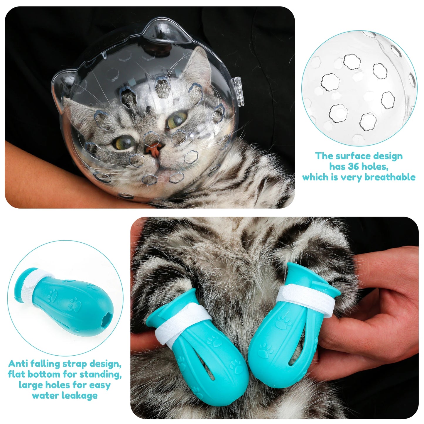 1/2Pcs Cat Muzzle Pet Grooming Cover Accessory Anti-Bite Anti-Licking Cat Space Hood Breathable Helmet with 4 Silicone Paw Shoes