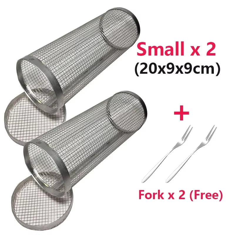 Rolling Bbq Basket- Greatest Grilling Basket Ever, round Stainless Steel Grill Mesh, Camping Barbecue Rack for Vegetables,Fish