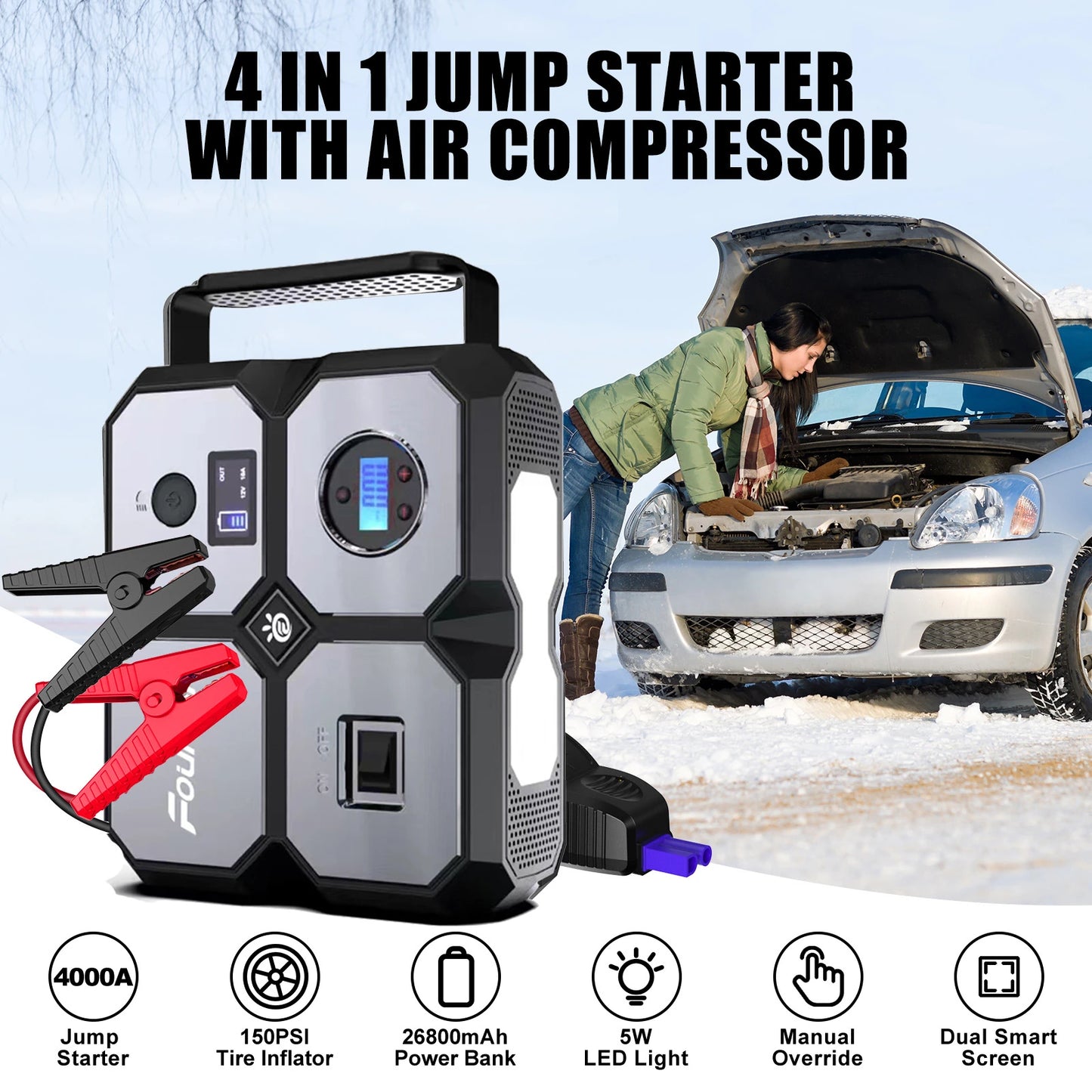 Foursun Car Jump Starter with Air Compressor, Foursun 4000A 26800Mah Jump Starter Battery Pack (All Gas/8.0L Diesel) 150PSI Digital Tire Inflator, 12V Car Lithium Battery Jump Box Pack Power Charger