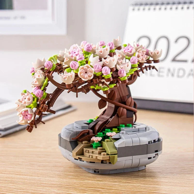 Mini Plant Bonsai Building Block Flower Plant Cherry Blossom Tree Potted Bouquet Model Bricks Home Decoration Toy for Kids Gifts
