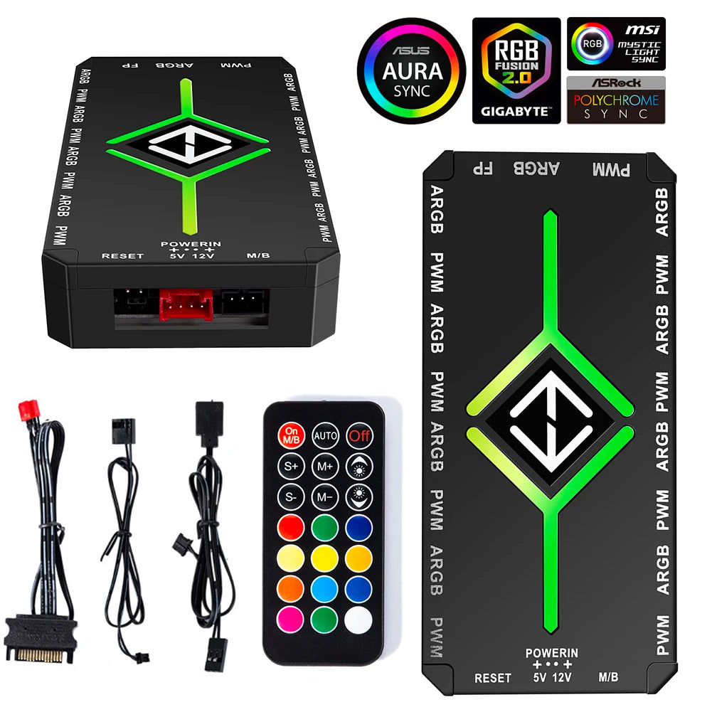 1 to 9 3 in 1 4 Pin PWM Magnetic Suction Hub SATA Power Supply PWM ARGB Fan Hub PWM & ARGB Hub Splitter for Computer PC Case Fan
