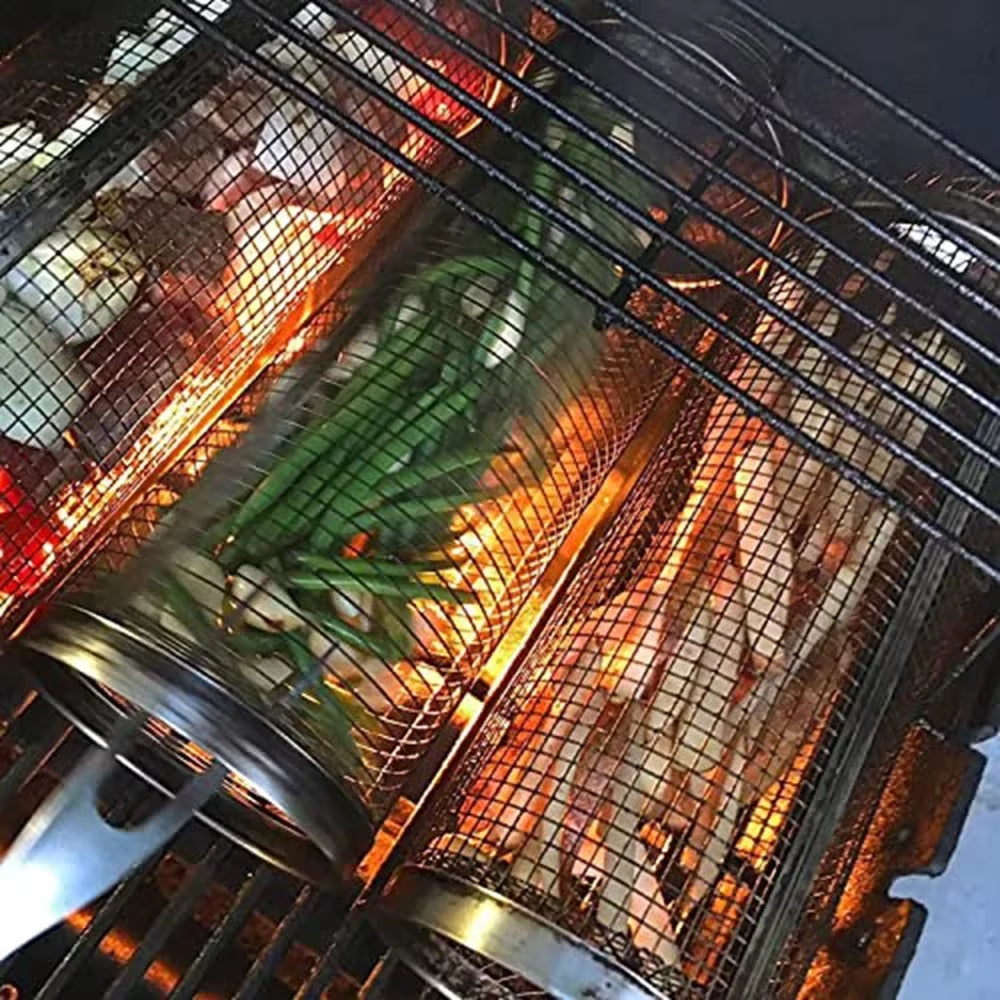 Rolling Bbq Basket- Greatest Grilling Basket Ever, round Stainless Steel Grill Mesh, Camping Barbecue Rack for Vegetables,Fish