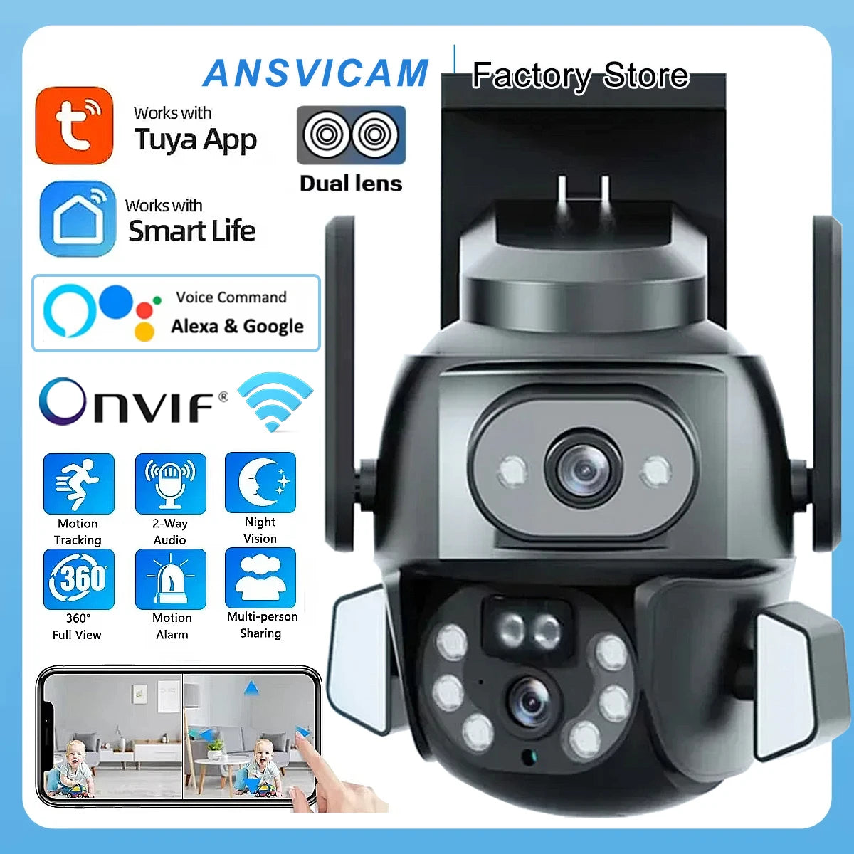 4K 8MP WIFI Security Camera with TUYA APP, Dual Screen, AI Auto - Tracking Smart Life for CCTV Video Camera