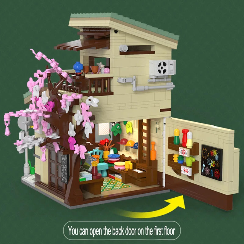 LED City Japanese Style Grocery Store House Building Blocks Double Decker Duplex Architecture Bricks Toys for Kid Gifts