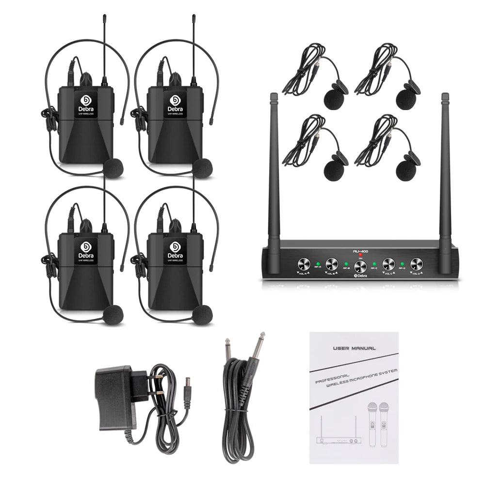 Pro UHF 4 Channels Wireless Microphone System with 4 Bodypack Lavalier Headset Portable Mic for Karaoke Church Party