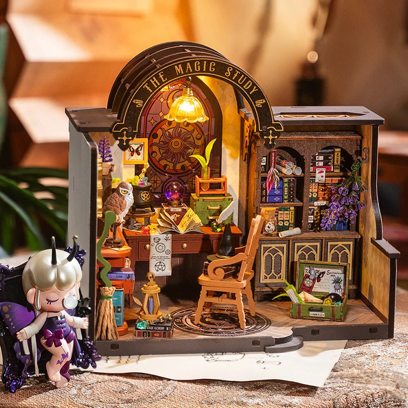 Robotime Rolife the Magic Study DIY Miniature House with Many Magic Note Books Dollhouse Decoration 3D Wooden Puzzle DG166