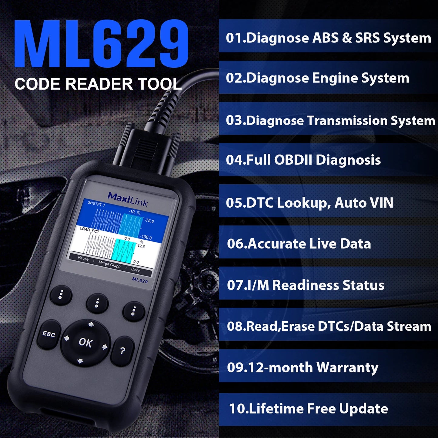 Maxilink ML629 Enhanced CAN OBD2 Scanner with ABS SRS Transmission Engine Diagnosis Auto VIN Scan Tool Check Engine Light
