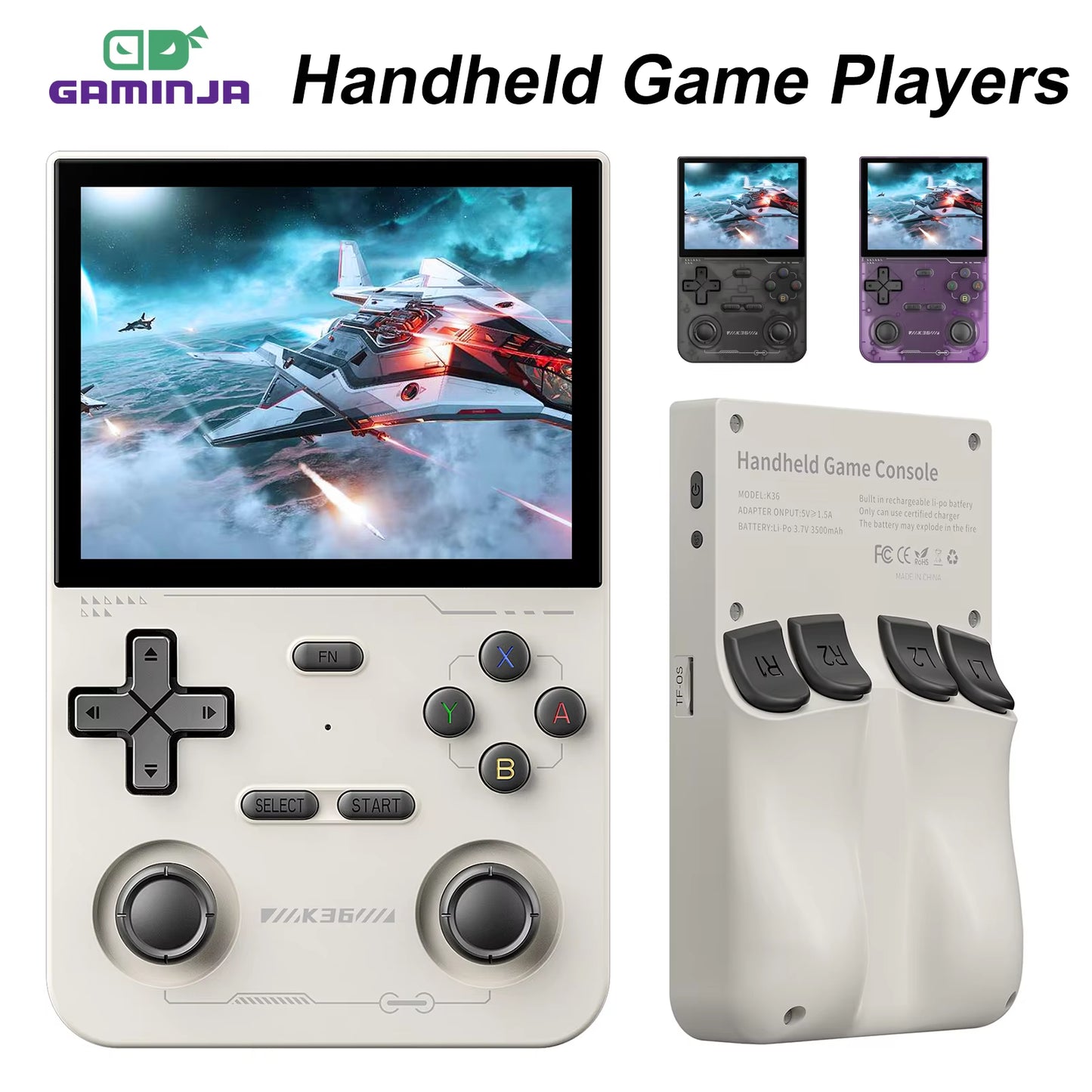 Open Source K36 Retro Handheld Video Game Console 16000 Games Emulator for PS1/PSP/DC/N64/SS 500Nit 3.5 Inch IPS Screen