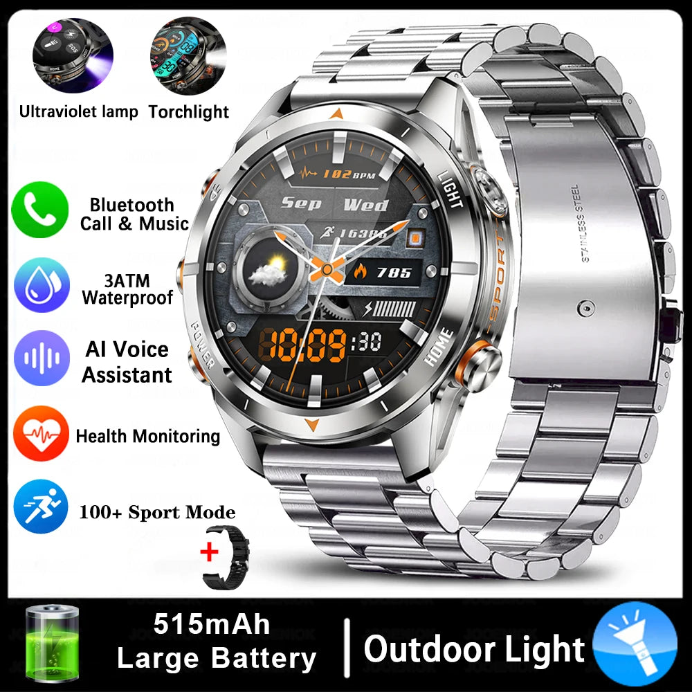 New Outdoor Sport Smart Watch Men 1.46" AMOLED Screen LED Flashlight 515Mah Battery 10ATM Waterproof Bluetooth Call Smartwatch