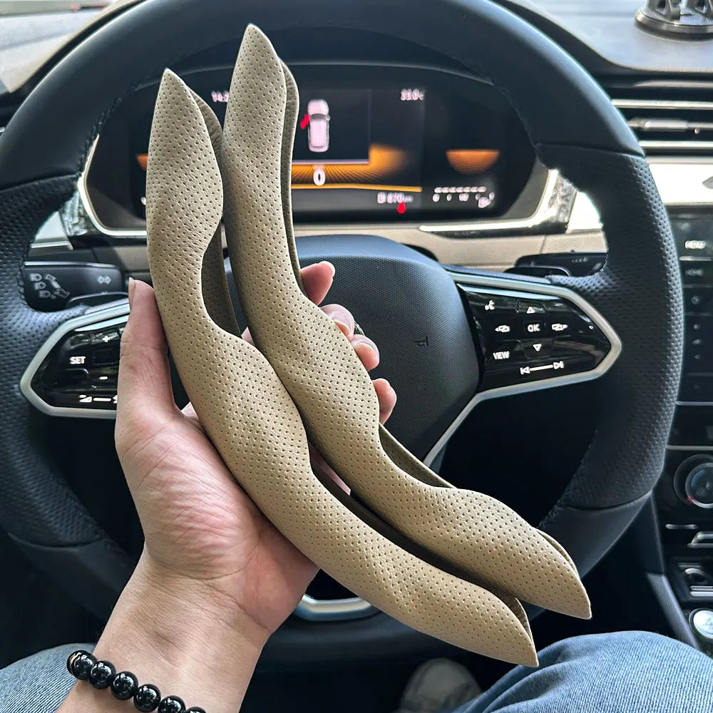 Universal D-Shaped Leather Steering Wheel Cover with Ventilation Holes - 15 Inch, Sweat-Absorbent and Anti-Slip Accessory