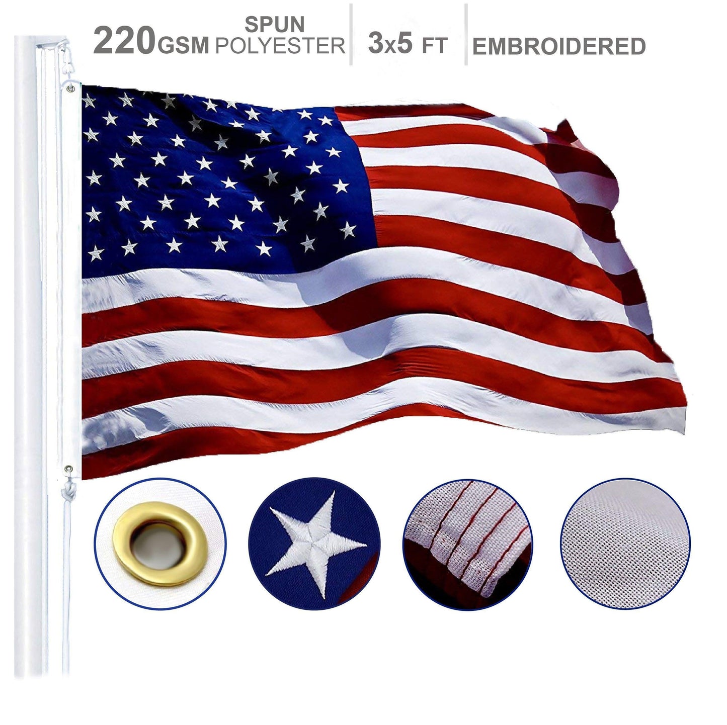 American Flag 220GSM Embroidered Spun Polyester 3X5 Ft