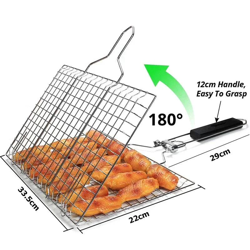 Foldable BBQ Basket Kamado Bbq Accessories Portable Dog Sling Water Gun Stainless Steel Removable Handle Steak Grill Barbecue