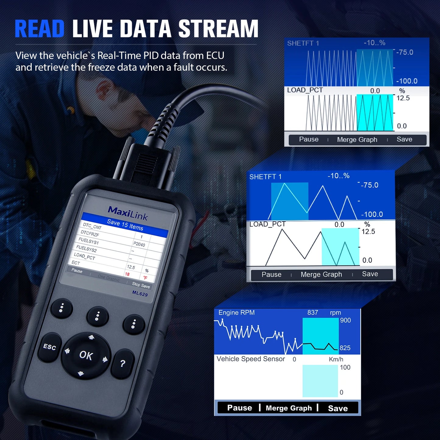 Maxilink ML629 Enhanced CAN OBD2 Scanner with ABS SRS Transmission Engine Diagnosis Auto VIN Scan Tool Check Engine Light