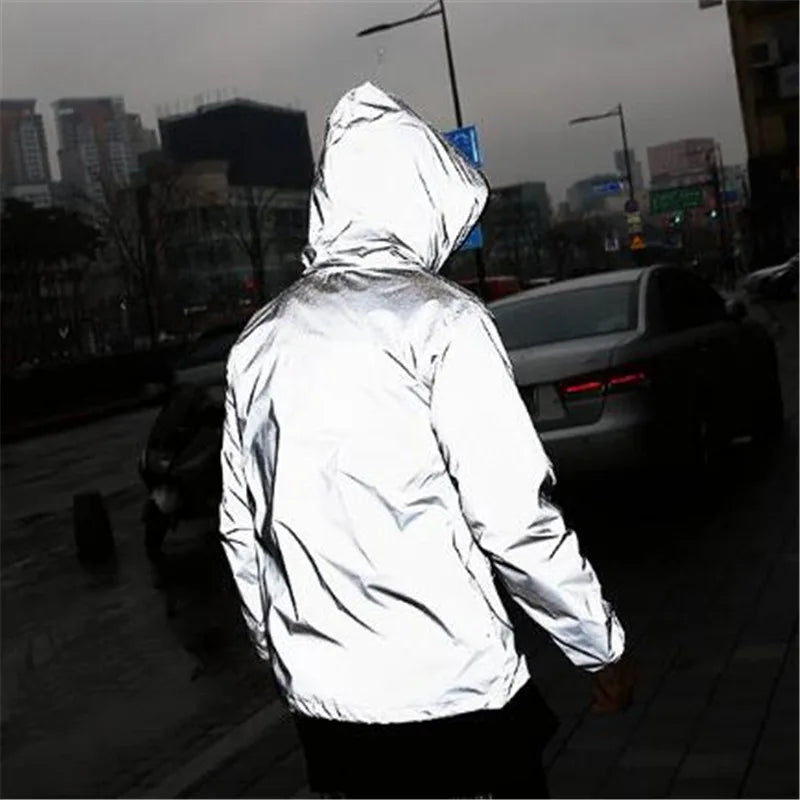 Thin Shiny Silver Reflective Jacket. Unisex Cycling Full-Reflective Hooded Jacket Coat, Windproof for Night Running. S-5XL