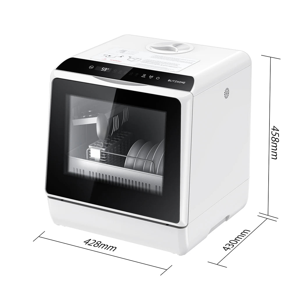 Blitzhome BH-CDW1 Smart Portable Countertop Dishwasher US Plug with APP Control, 4-6 Sets Big Capacity, Dual Water Inlet Modes, 360°Spraying, 75°High Temperature, Five Cleaning Modes, Drying Function