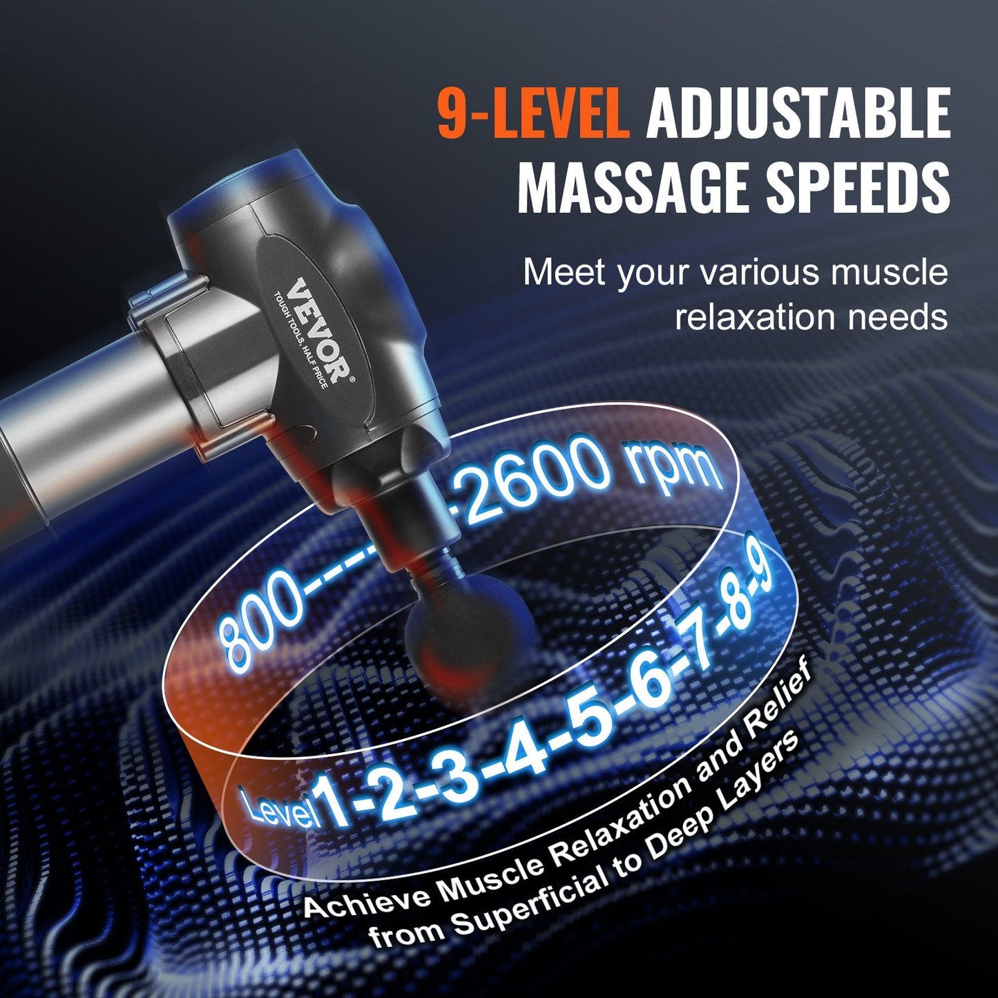 Massage Gun Deep Tissue with 9 Speed Levels & 6 Massage Heads, 24V 2500Mah Batteries, Percussion Muscle Massager for Athletes, Handheld Electric Massage Gun for Pain Relief, Muscle Relaxation