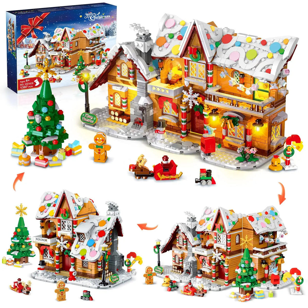 2025 LED Gingerbread House Building Toy - 3 Style Modes with Santa, Christmas Tree, and Train for Ages 8 and Up