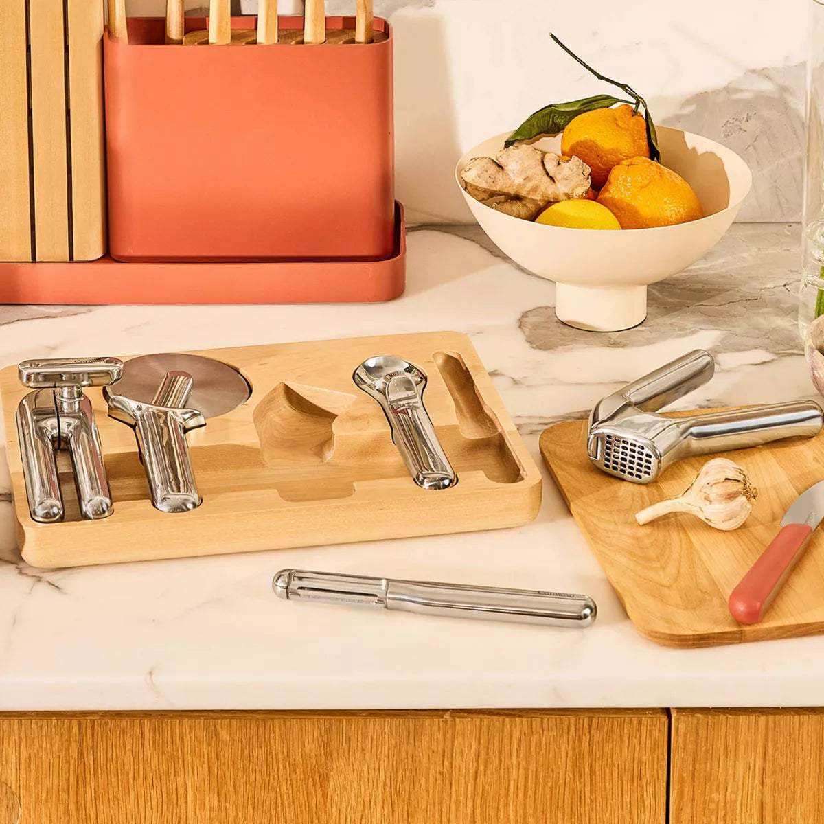 6-Piece Kitchen Gadget Set: Stainless Steel Utensils with Peeler, Pizza Cutter, Can Opener, and Silver Holder
