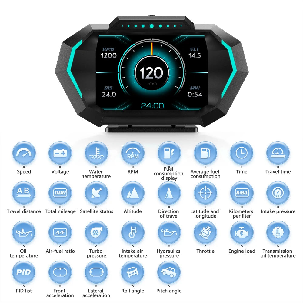 OBD + GPS HUD P24 Car OBD Head up Display HUD on Board Computer Digital Speedometer Water Temp Fuel Consumption Slope Meter