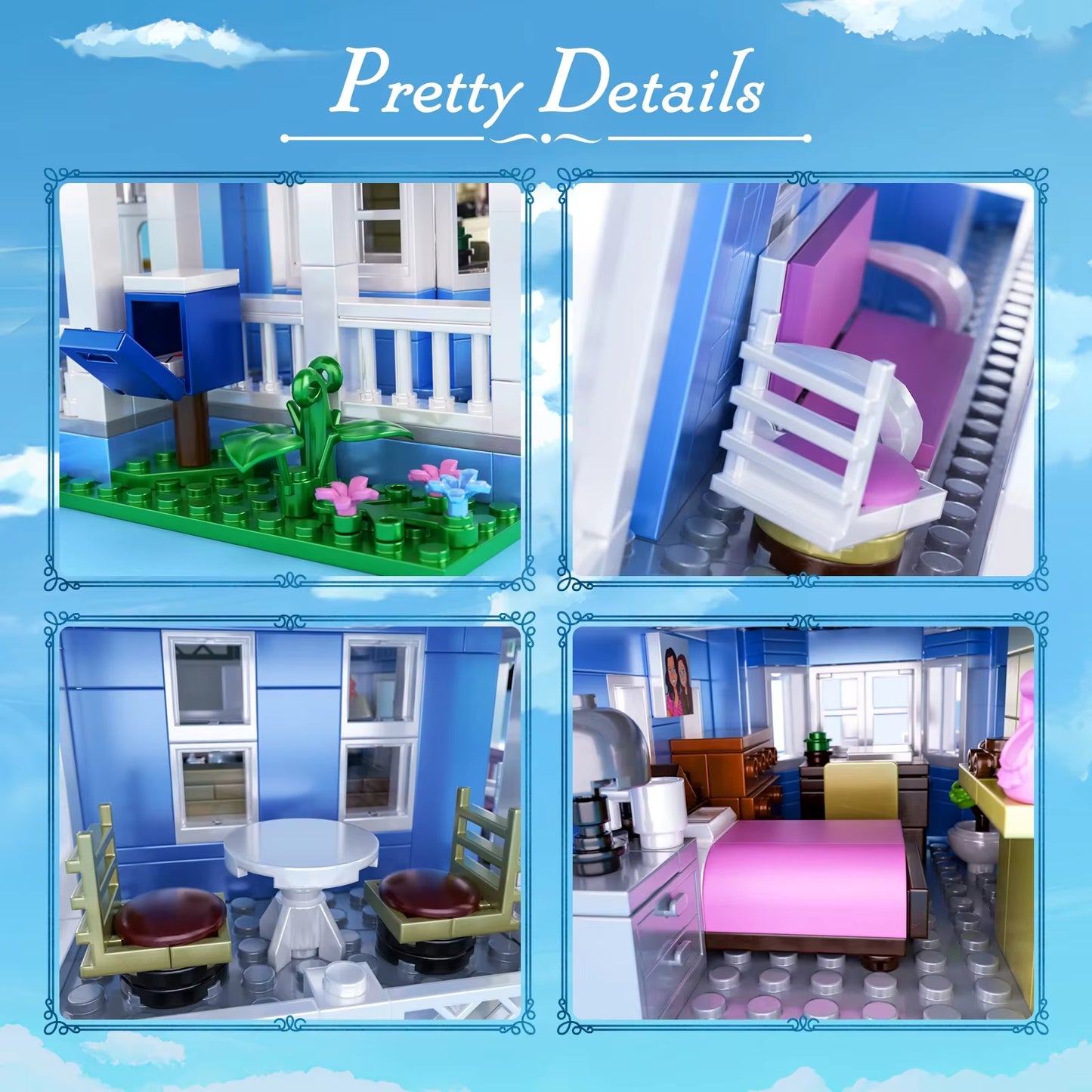 Lorelai Girls Movie House Building Block Girls Blue Palace Model Toys Ideas Hut Set Children Gifts (1107PCS)