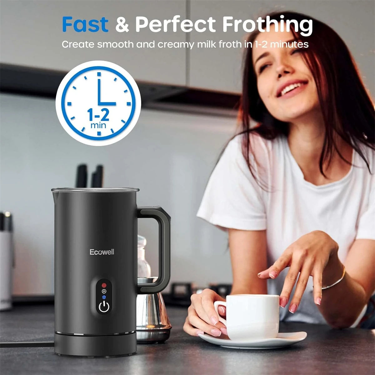 ECOWELL Milk Frother, Frother for Coffee 4 in 1, Milk Steamer Warm and Cold Foam Frother, Milk Steamer and Frother for Latte, Macchiato, Cappuccinos Silent Working 8.1Oz/240 Ml WMMF01 Black
