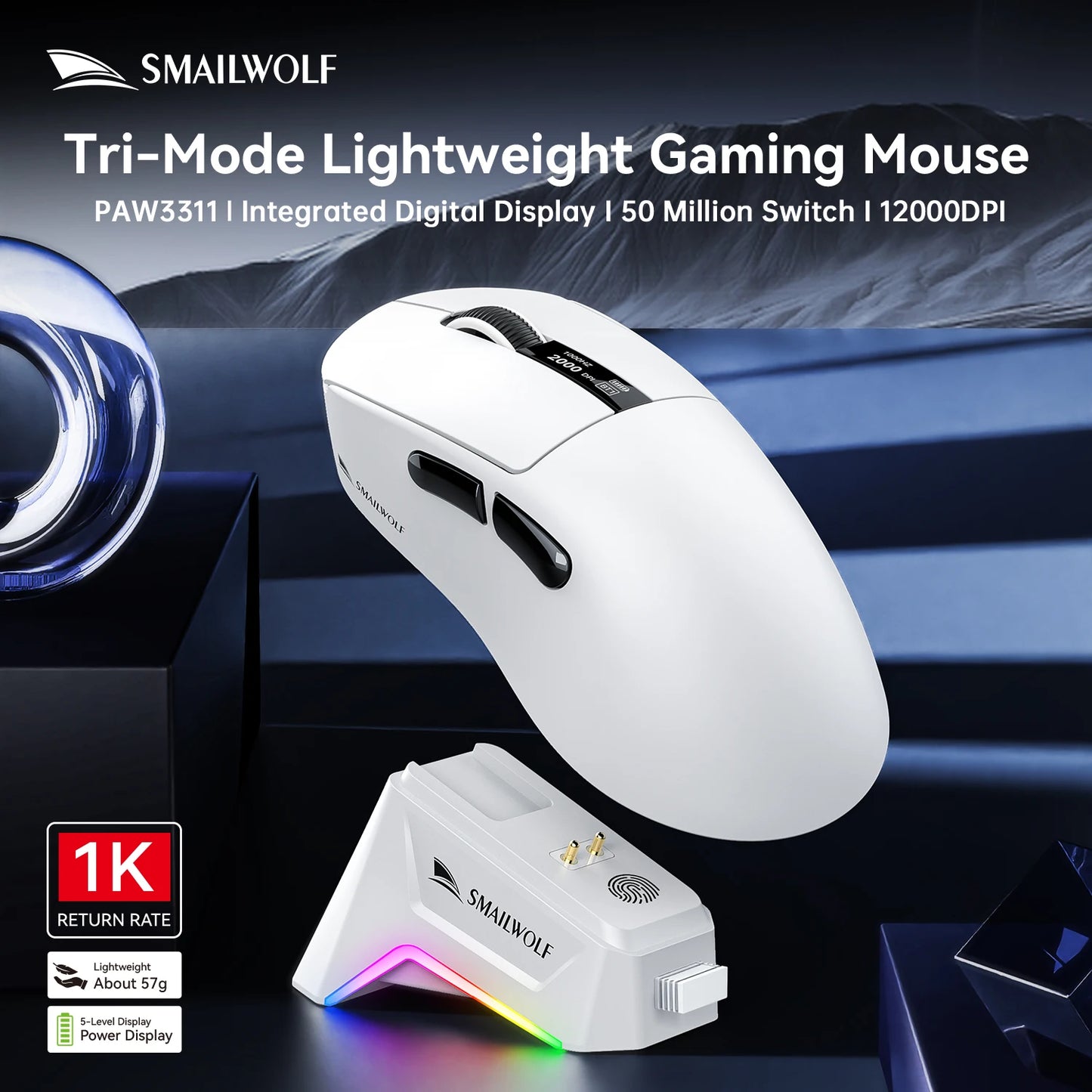 M6 Bluetooth Wireless Mouse Three-Mode E-Sports Gaming Laptop Lightweight PAW3311 1KHZ 12KDPI with Charging Dock
