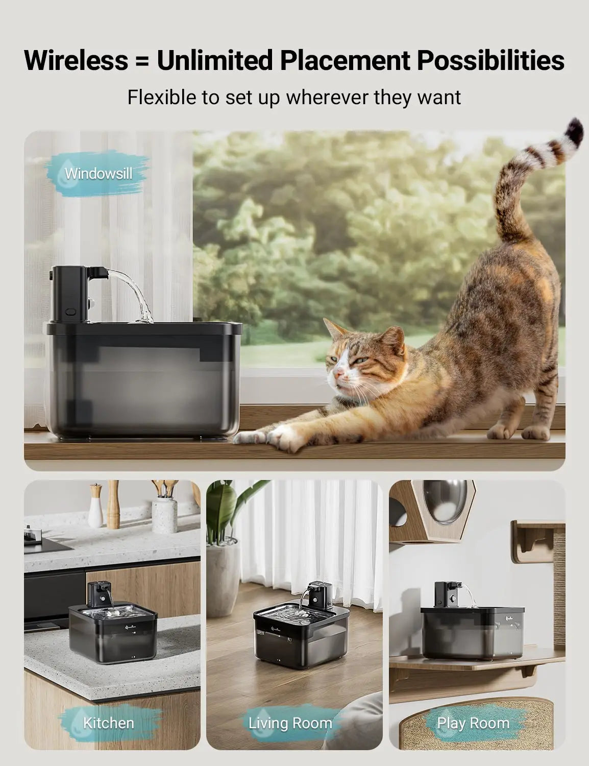 2.5L Automatic Stainless Steel Cat Water Fountain 4000Mah Wireless Pet Drinker Battery & Sensor 2 in 1 Dispenser