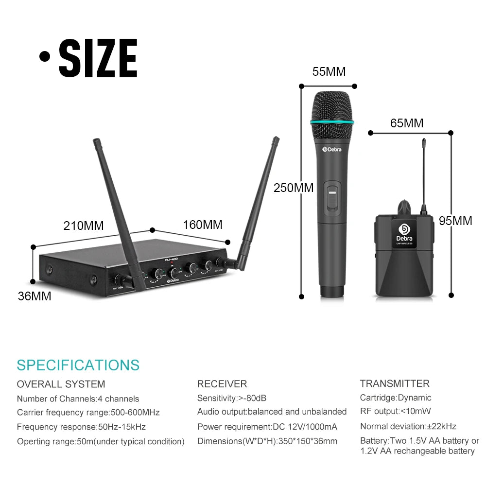 Pro UHF 4 Channels Wireless Microphone System with 4 Bodypack Lavalier Headset Portable Mic for Karaoke Church Party
