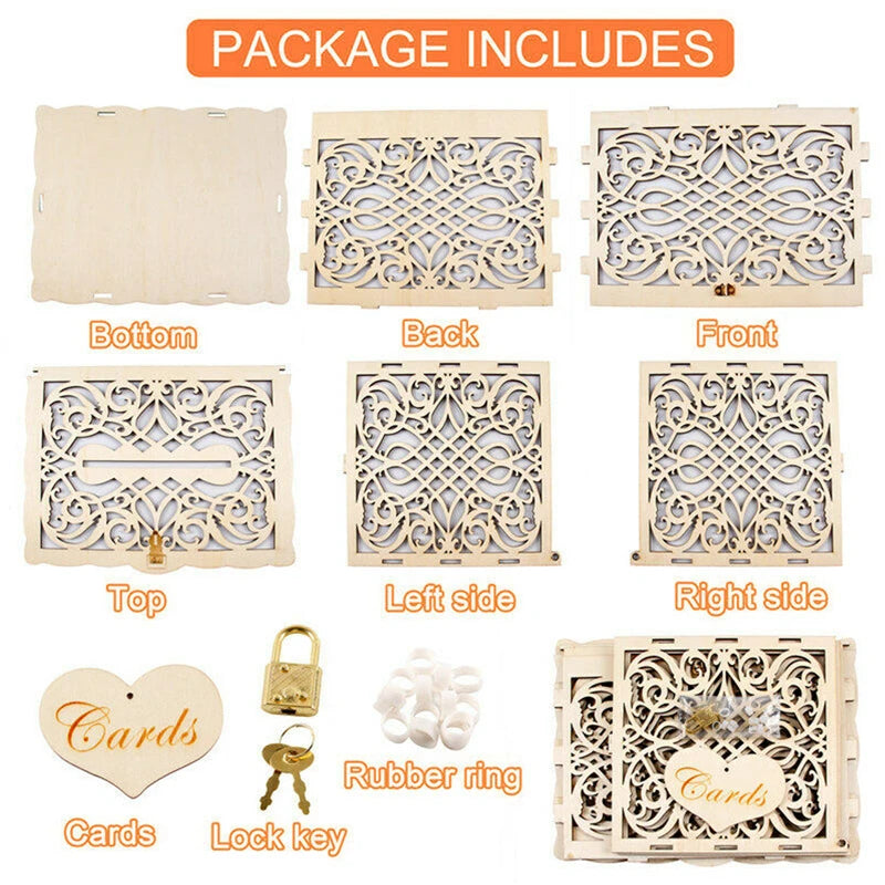 DIY Wedding Card Box Wooden Couple Money Boxes with Lock Hollow Floral Pattern Wedding Decor Gift Envelope Birthday Supplies