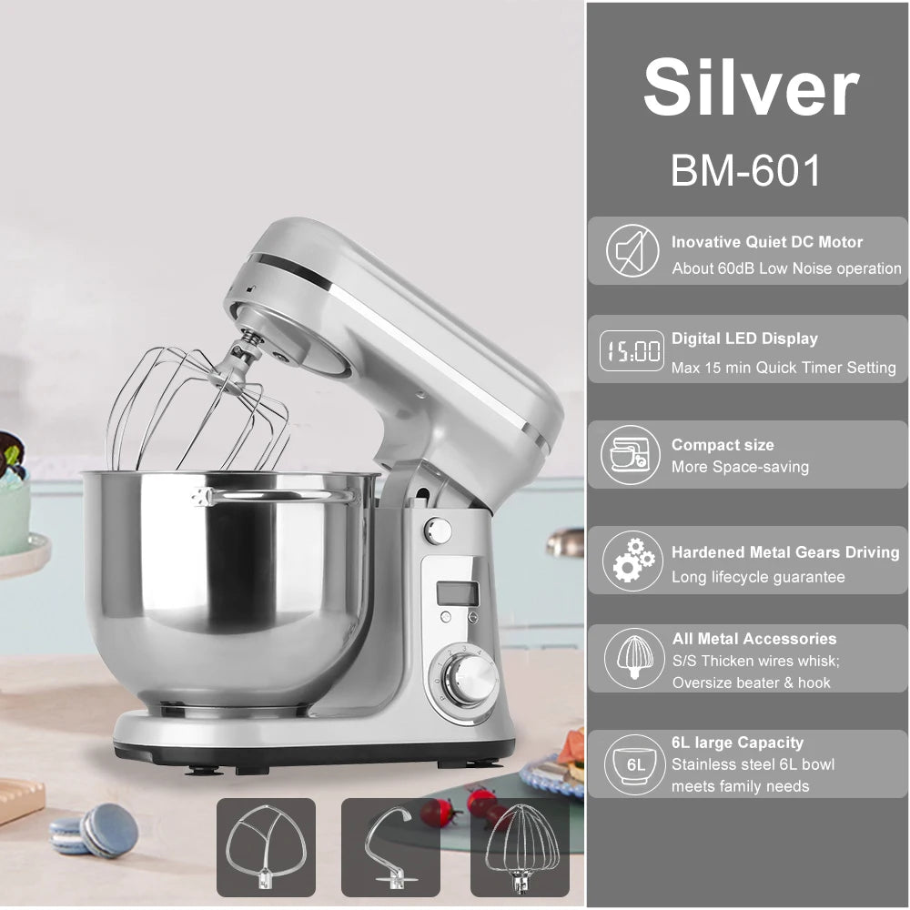 Biolomix Professional Kitchen Stand Mixer with Quiet Motor, 6-Speed Settings, 1200W Power, 6L Capacity, and Cream Egg Whisk Attachment