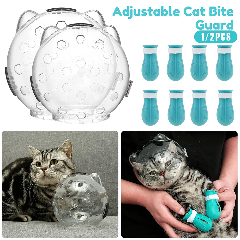1/2Pcs Cat Muzzle Pet Grooming Cover Accessory Anti-Bite Anti-Licking Cat Space Hood Breathable Helmet with 4 Silicone Paw Shoes