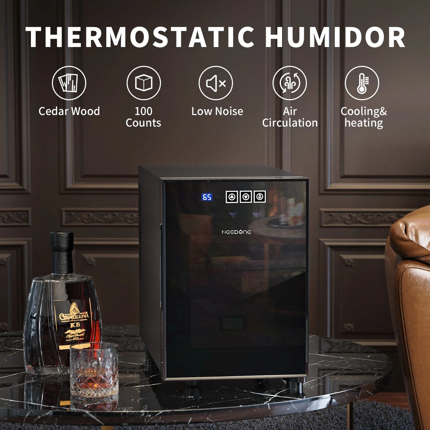 Humidor 16L with Cooling and Heating Temperature Control System Electric Cooler for 100 Counts with Digital Hygrometer Made with Spanish Cedar Wood Gift for Men 2 Layers
