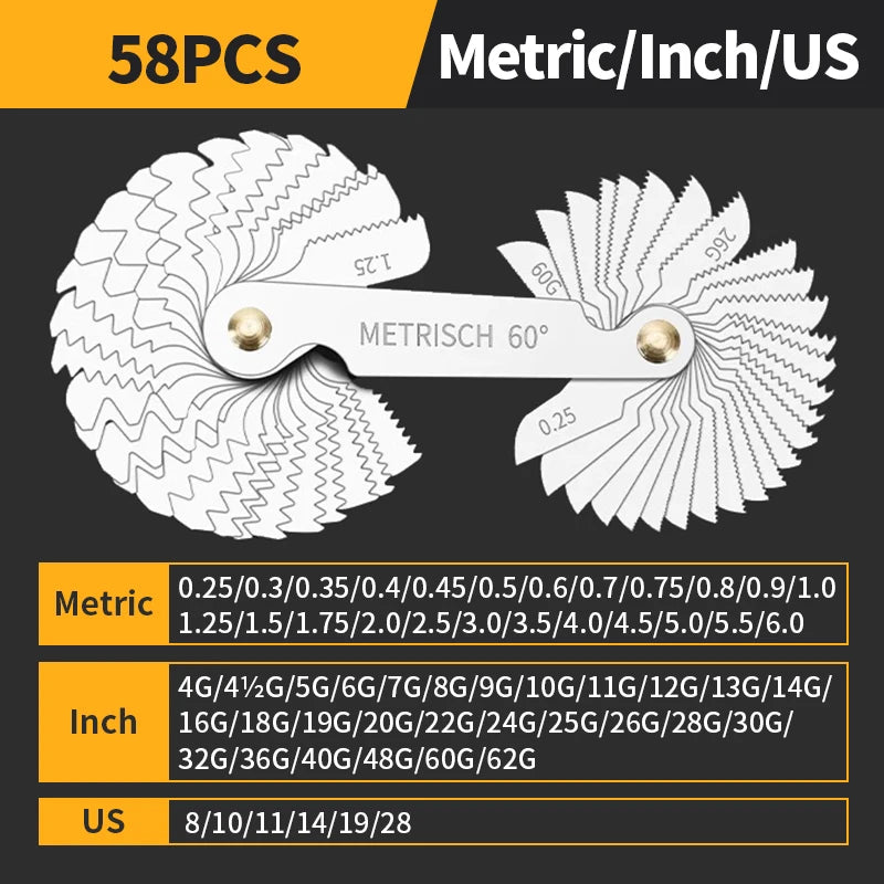 55/60 Degree Thread Plug Gauge Metric Imperial Gear Tooth Screw Pitch Gauges Carbon Steel Measuring Tool Tap Thread Measurement