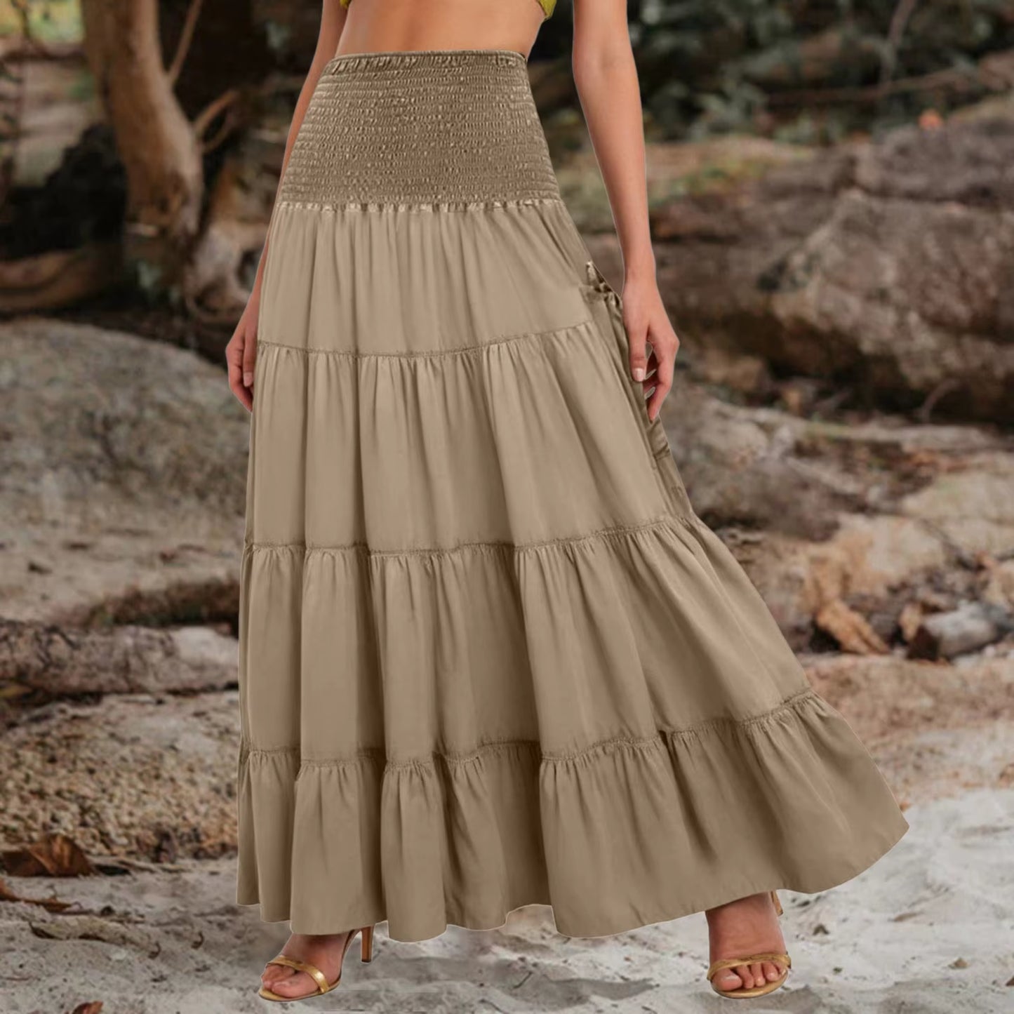 Boho Tiered A-Line Skirt Women Forest Fairy Pockets Patchwork Long Dress Elastic Waist Vintage Hippie Gypsy Maxi Skirt 스커트