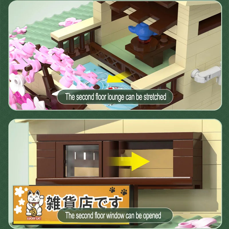 LED City Japanese Style Grocery Store House Building Blocks Double Decker Duplex Architecture Bricks Toys for Kid Gifts