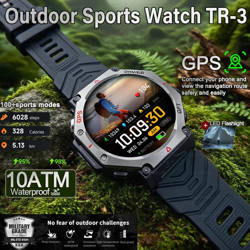 2025 NEW GPS Outdoor Military Sports Watch TR-3 Compass Altimeter Barometric 10ATM Waterproof HD Bluetooth Call Smart Watch