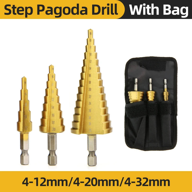 HSS Titanium Step Drill Bit High Speed Stepped Drill Set Saw Drill Tools Conical Stage Drill for Metal Wood 4-12 4-20 4-32Mm