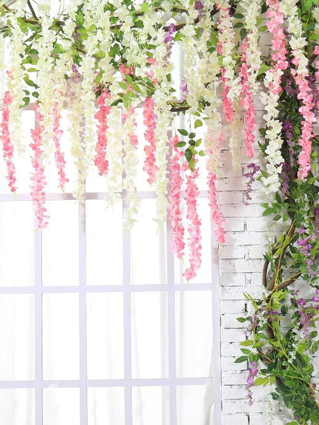12Pcs Wisteria Artificial Fake Flower Bushy Vine Ratta Hanging Garland for Wedding Home Wall Decor Pink