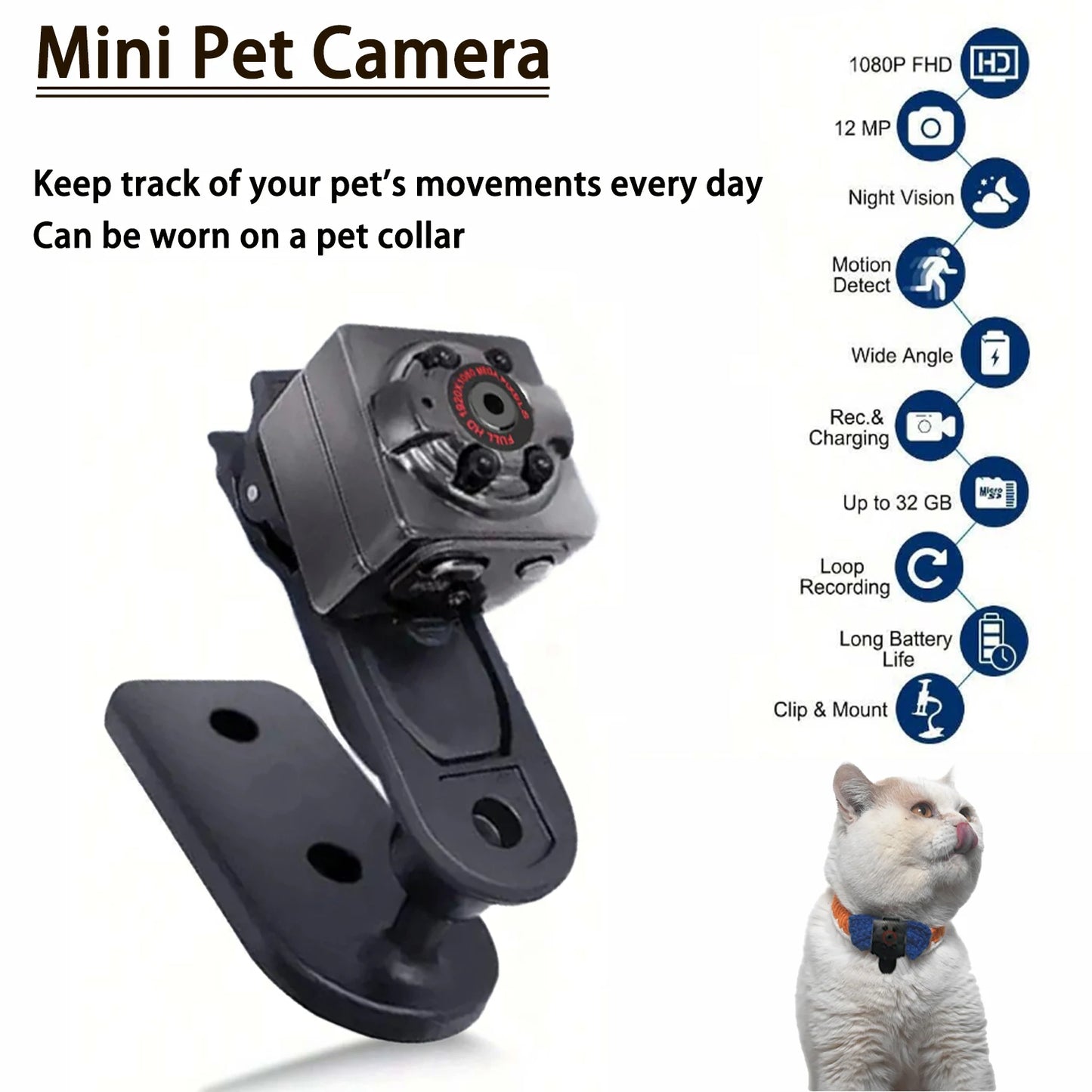 Mini Video Camera Infrared Night Vision Small Outdoor Sports Camera for Dogs Pet Track Recorder Rechargeable Sports DV for Cats