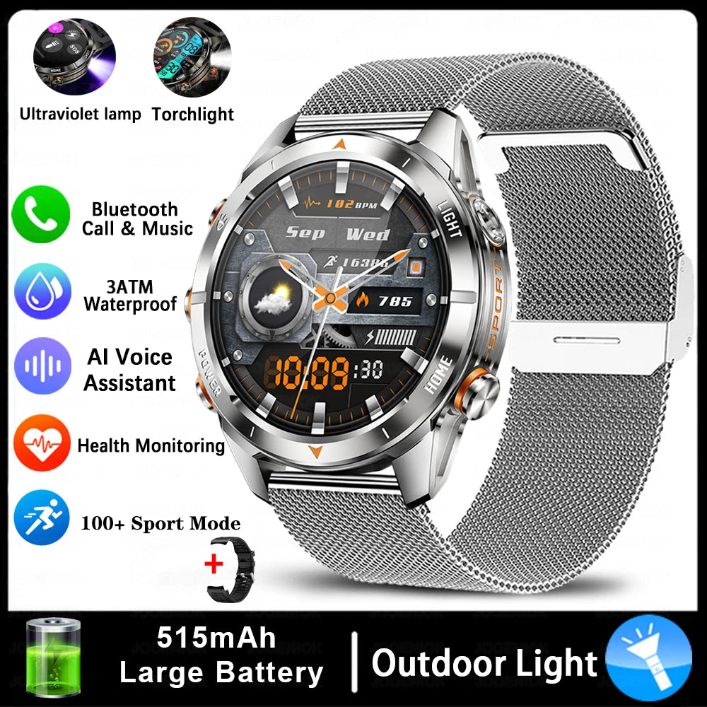 New Outdoor Sport Smart Watch Men 1.46" AMOLED Screen LED Flashlight 515Mah Battery 10ATM Waterproof Bluetooth Call Smartwatch