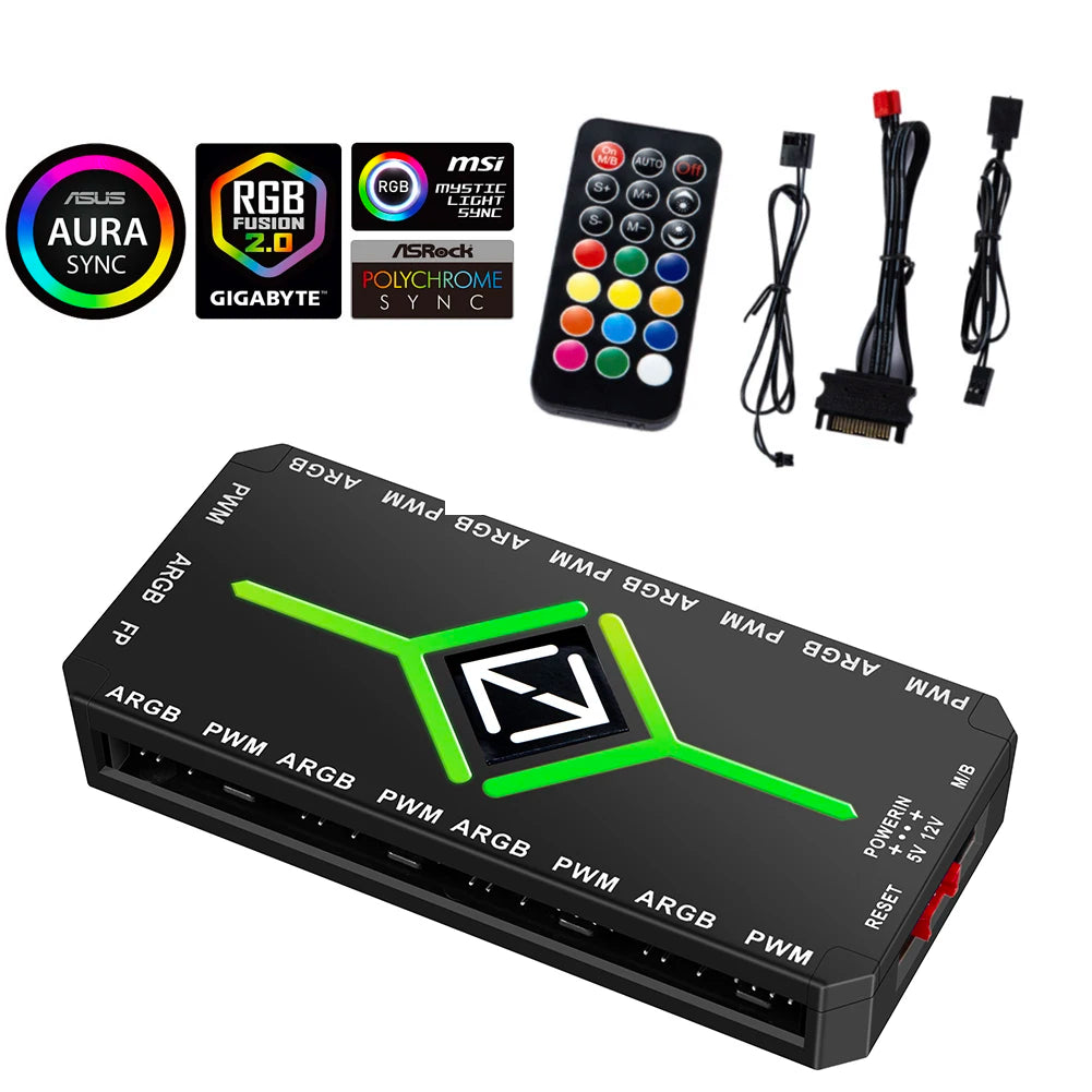 1 to 9 3 in 1 4 Pin PWM Magnetic Suction Hub SATA Power Supply PWM ARGB Fan Hub PWM & ARGB Hub Splitter for Computer PC Case Fan