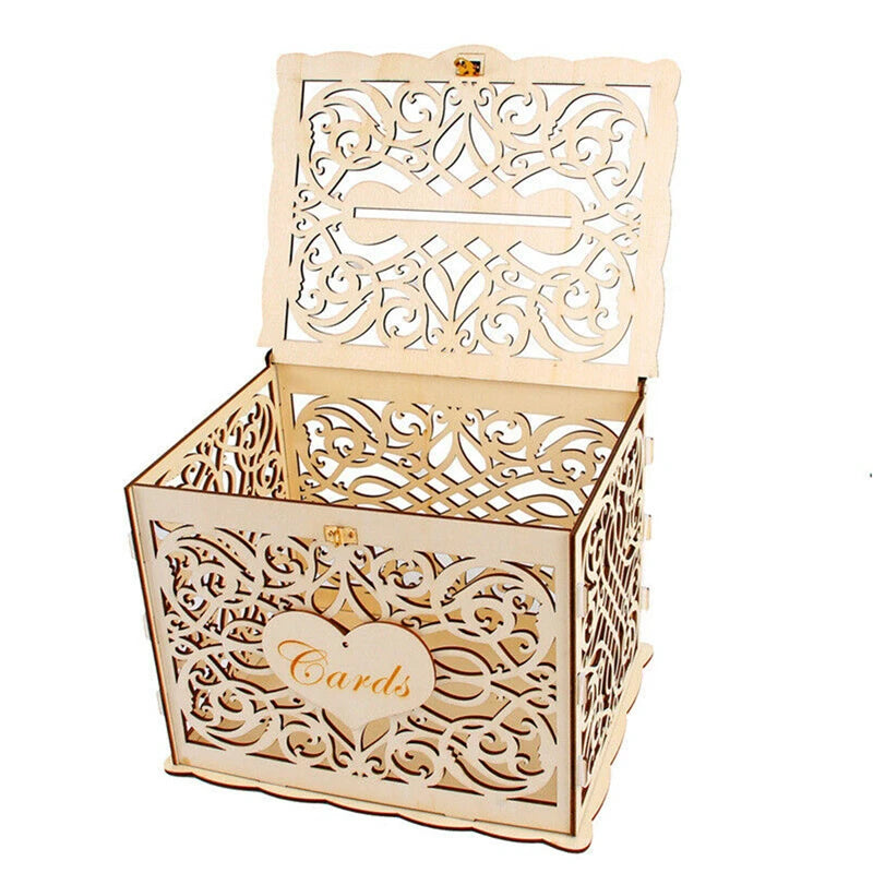 DIY Wedding Card Box Wooden Couple Money Boxes with Lock Hollow Floral Pattern Wedding Decor Gift Envelope Birthday Supplies