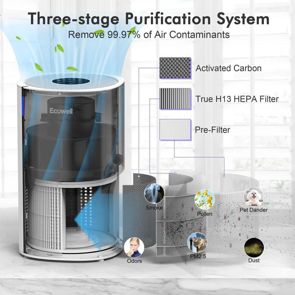 ECOWELL EAP250W HEPA Air Purifier for Home Bedroom, Remove 99.97% Dust Pollen Odors Pet Dander, Large Room Air Purifiers for Office Desk Kitchen Living Room