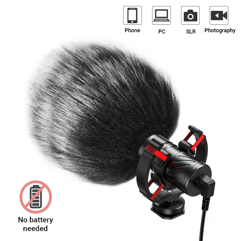 Aluminum Alloy Professional Recording Microphone with Spring Cable Plug and Play for Canon Nikon DSLR Camera Smartphone