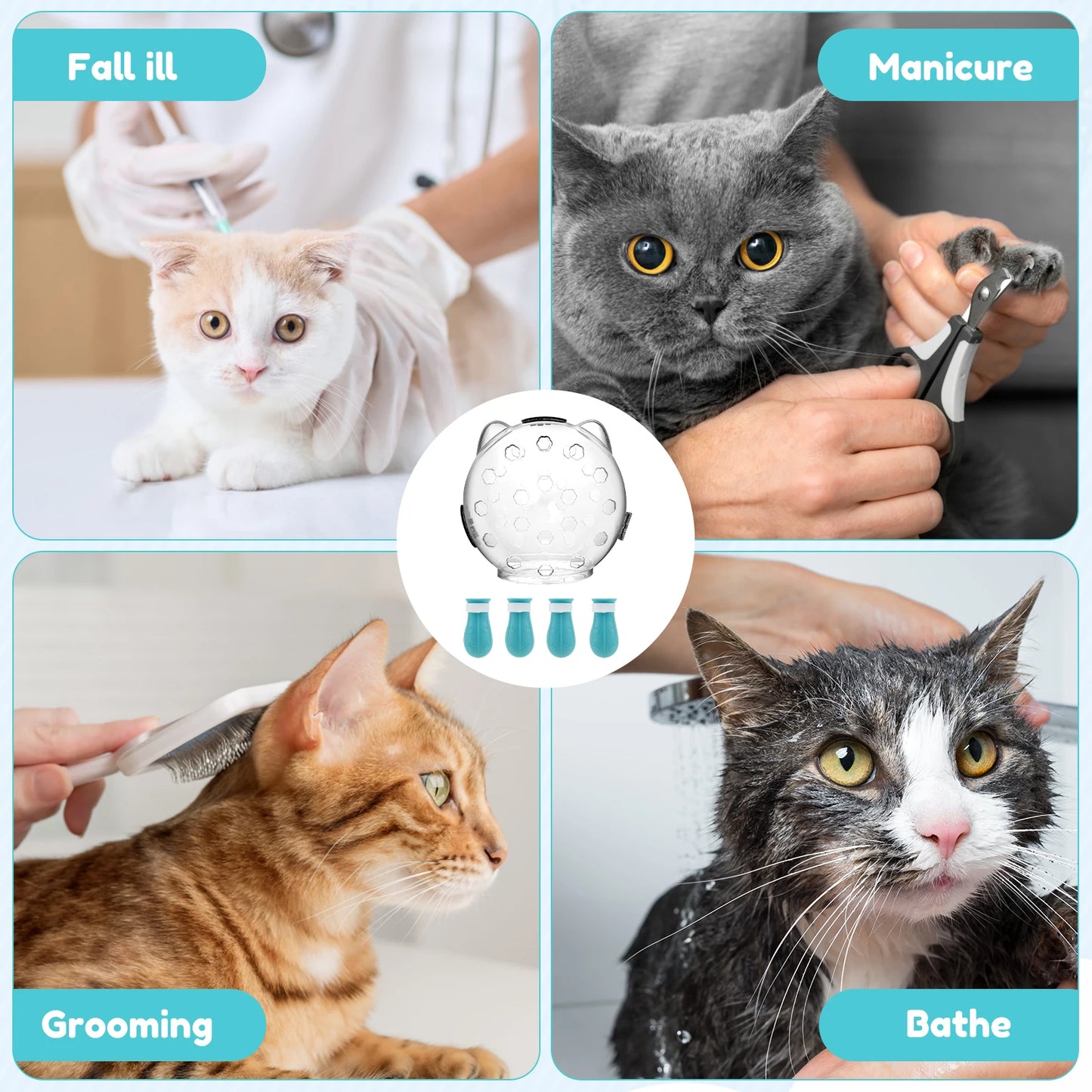 1/2Pcs Cat Muzzle Pet Grooming Cover Accessory Anti-Bite Anti-Licking Cat Space Hood Breathable Helmet with 4 Silicone Paw Shoes