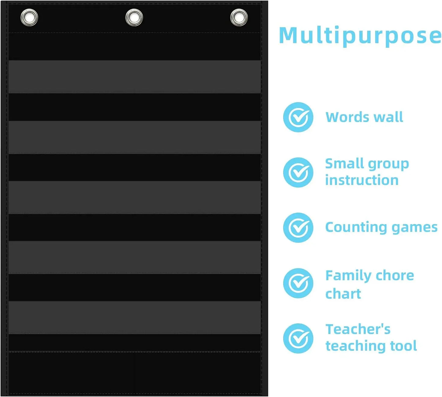 Classroom Black Standard Pocket Chart Words Chart with Extra Storage Pocket for Sentence Strips School Home Office Use
