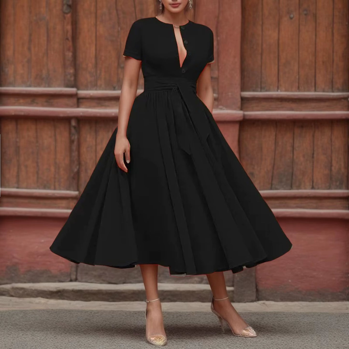 Women Elegant Formal Party Evening Dress 2025 Short Sleeve Patchwork Sashes Mid-Calf Dresses Sexy Deep V-Neck Dress plus Size